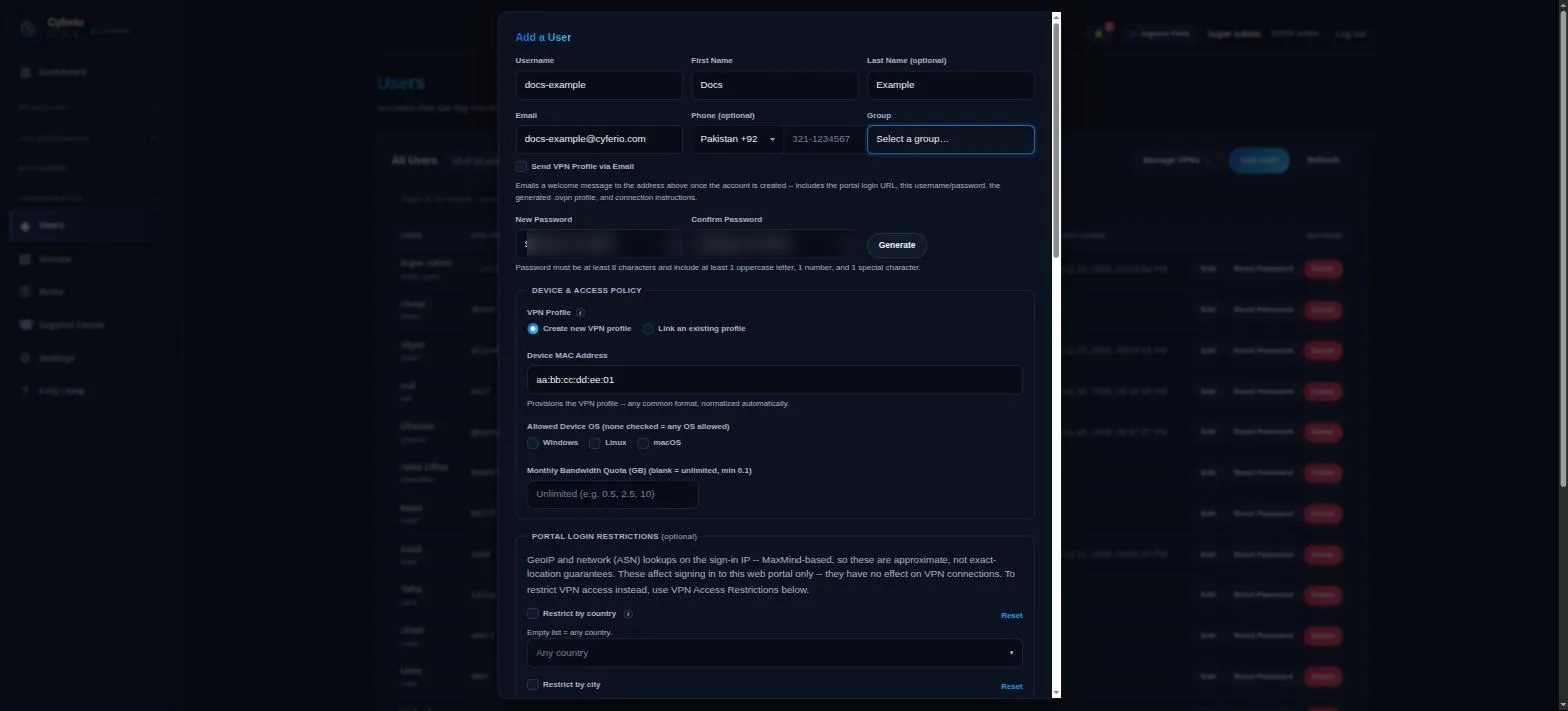 Add a User form filled in with a username, group, and device MAC address