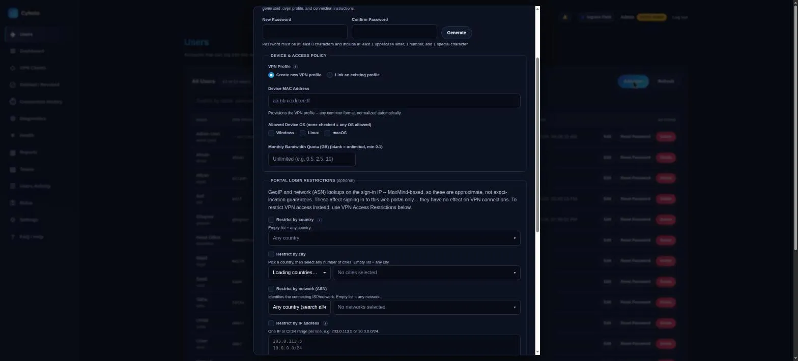 Portal Login Restrictions section on the Add User dialog