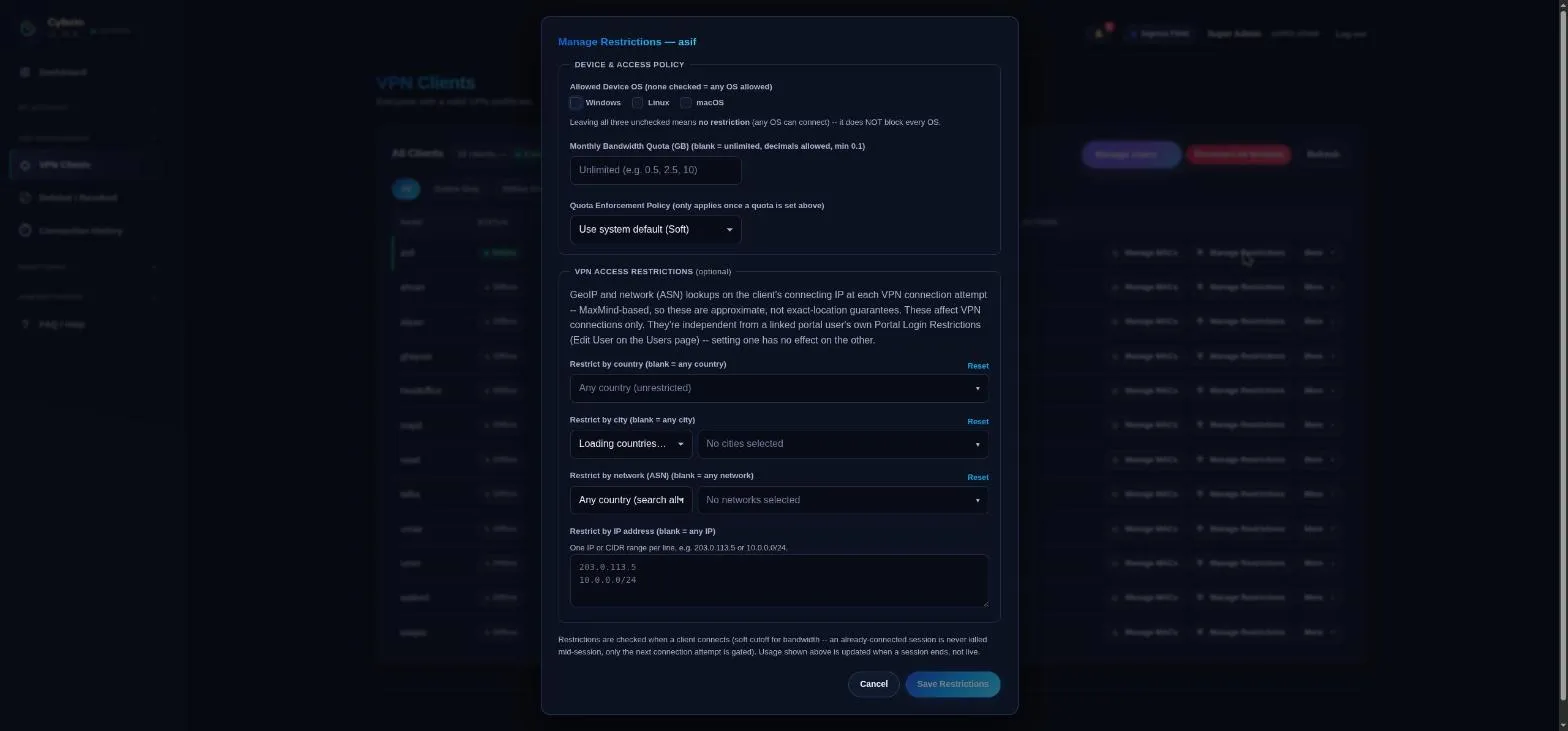 Manage Restrictions dialog on the VPN Clients page