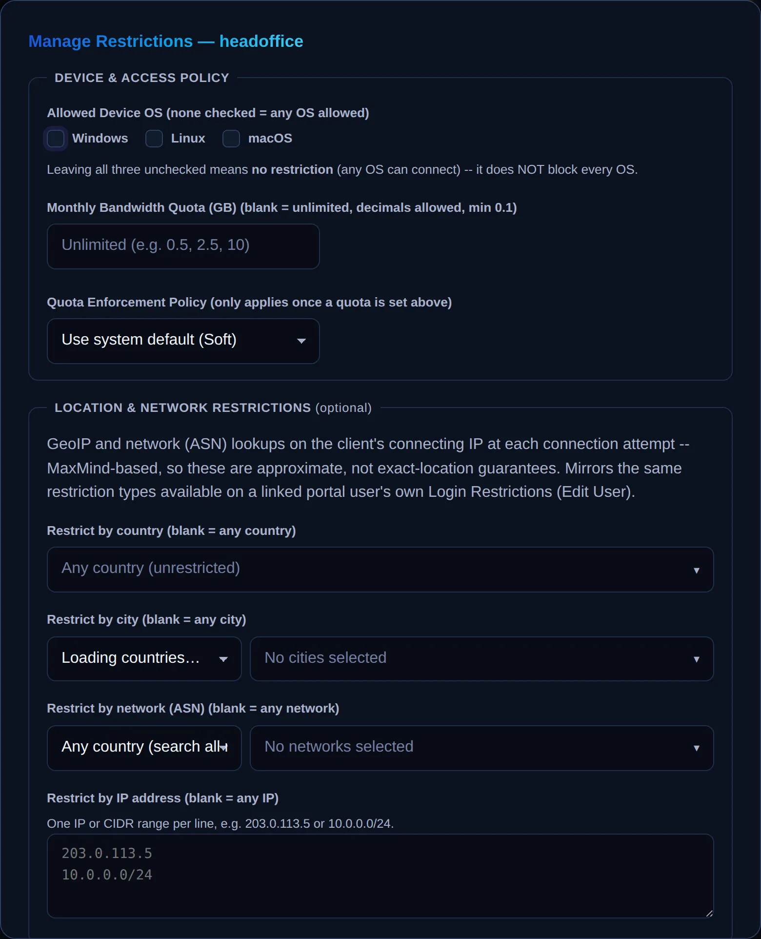 Manage Restrictions dialog on the VPN Clients page