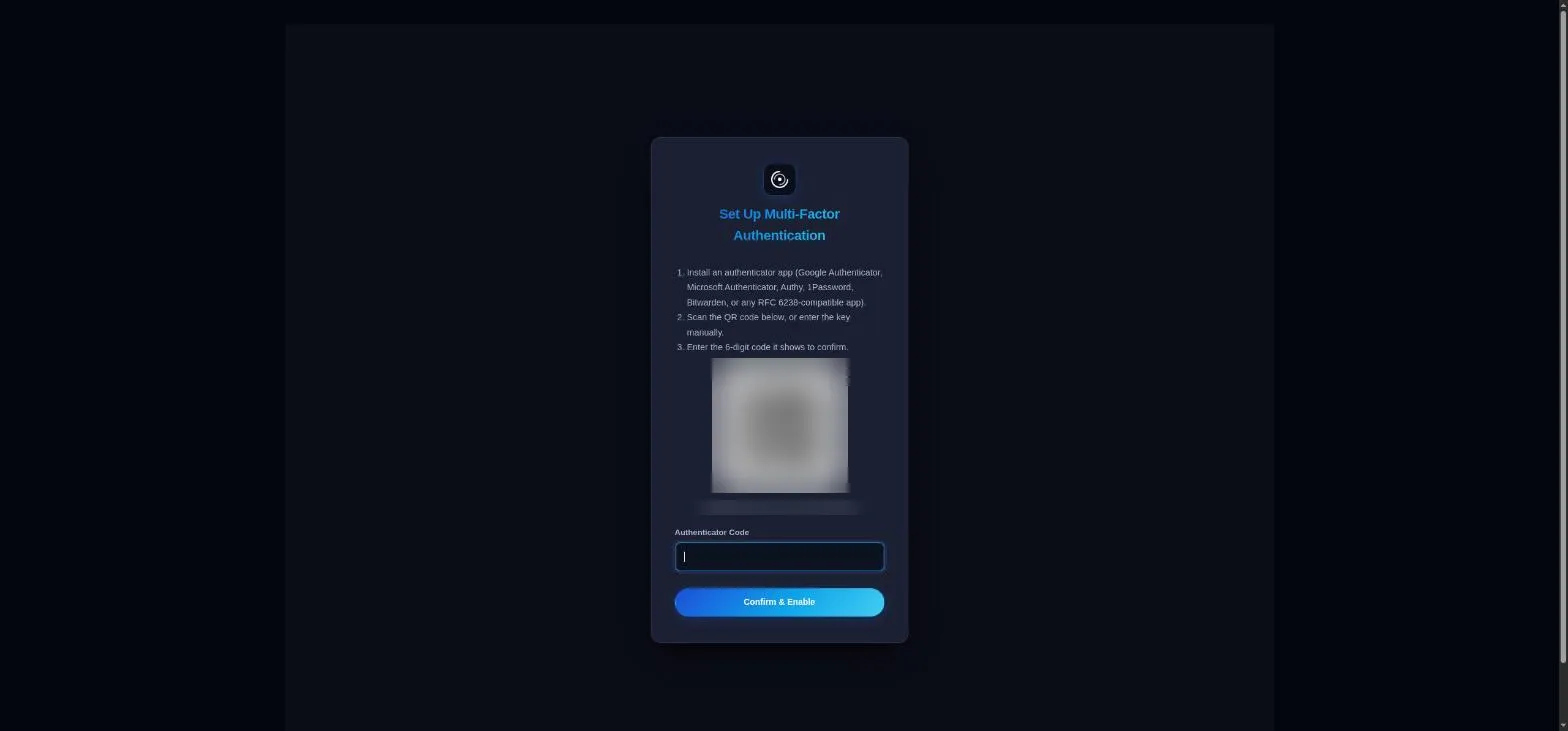 Set Up Multi-Factor Authentication screen with a QR code (redacted) and a field for the 6-digit confirmation code
