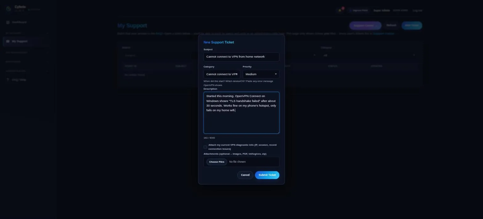 New Support Ticket form with subject, category, and description filled in