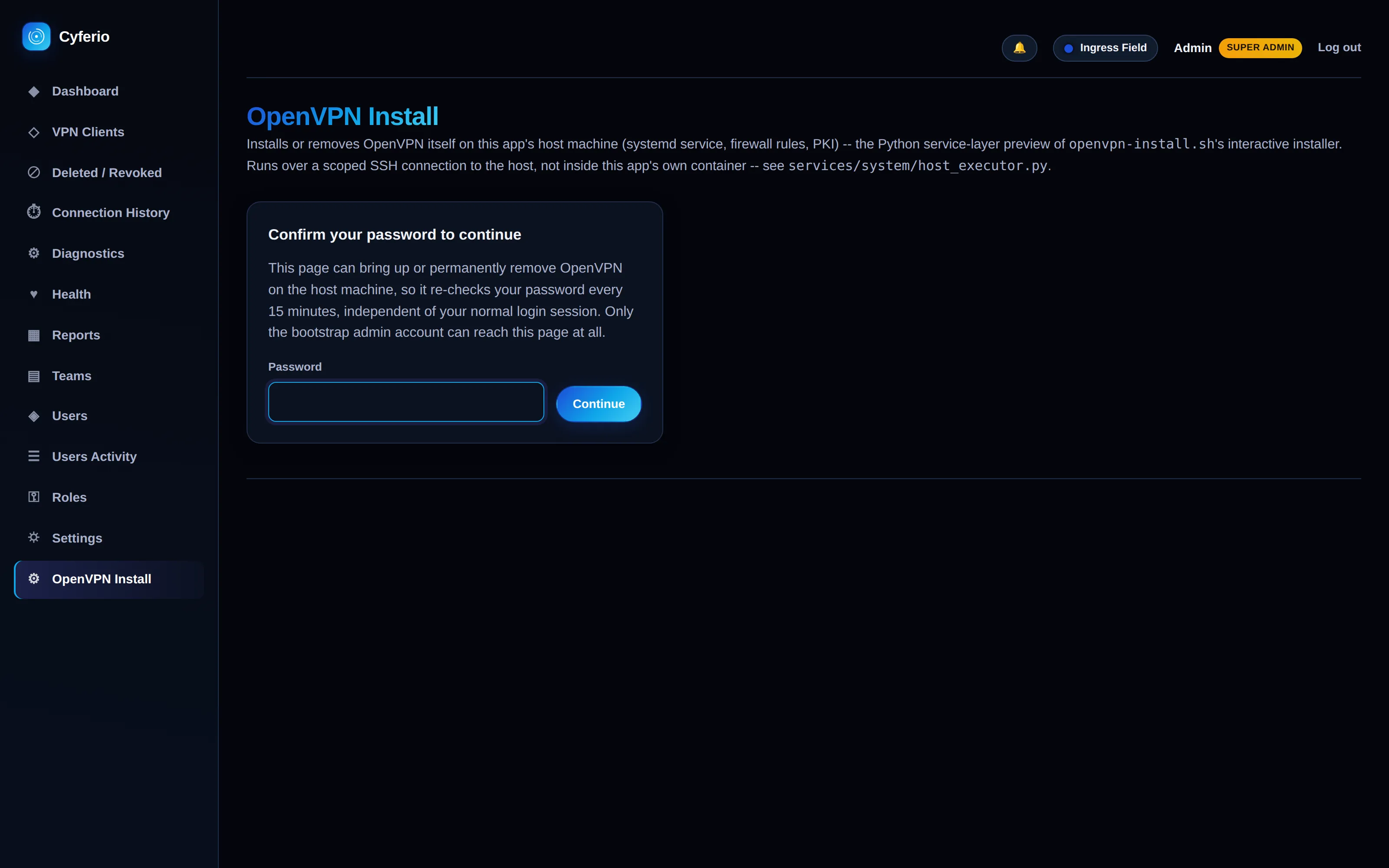 OpenVPN Install page’s password confirmation gate