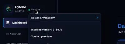 Release Availability badge and popup showing the installed version and up-to-date status