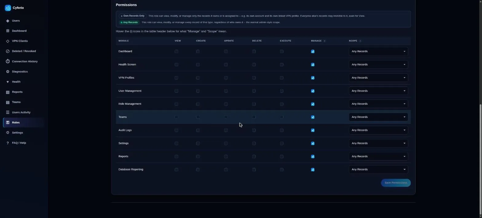 Roles page showing the Admin role’s permission matrix