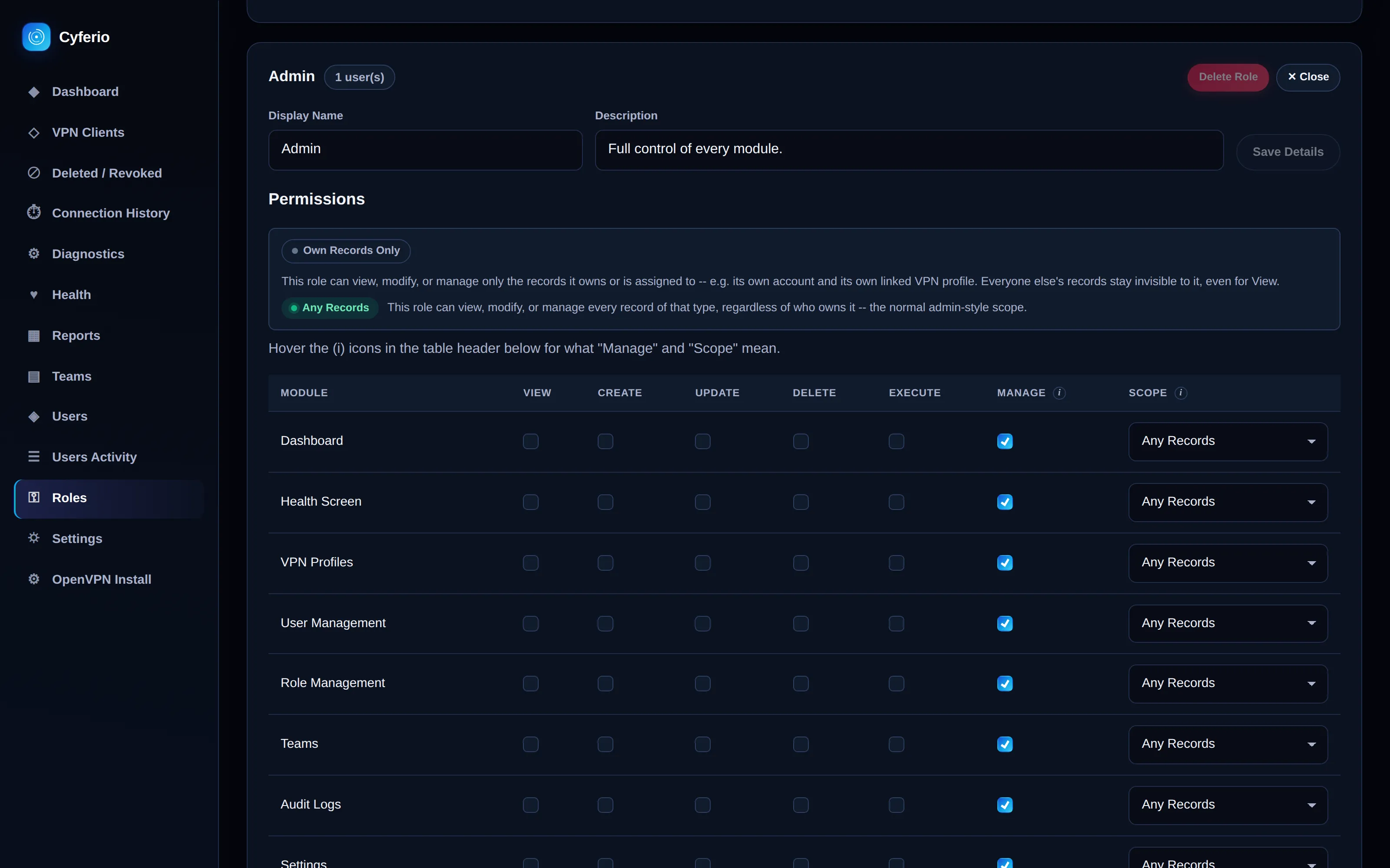 Roles page showing the Admin role’s permission matrix