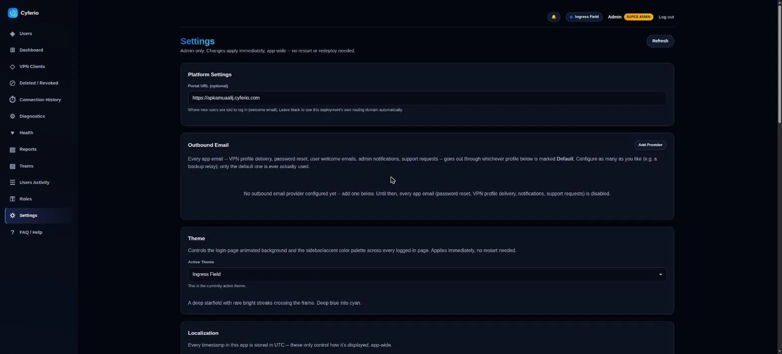Settings page: Platform Settings and Outbound Email cards