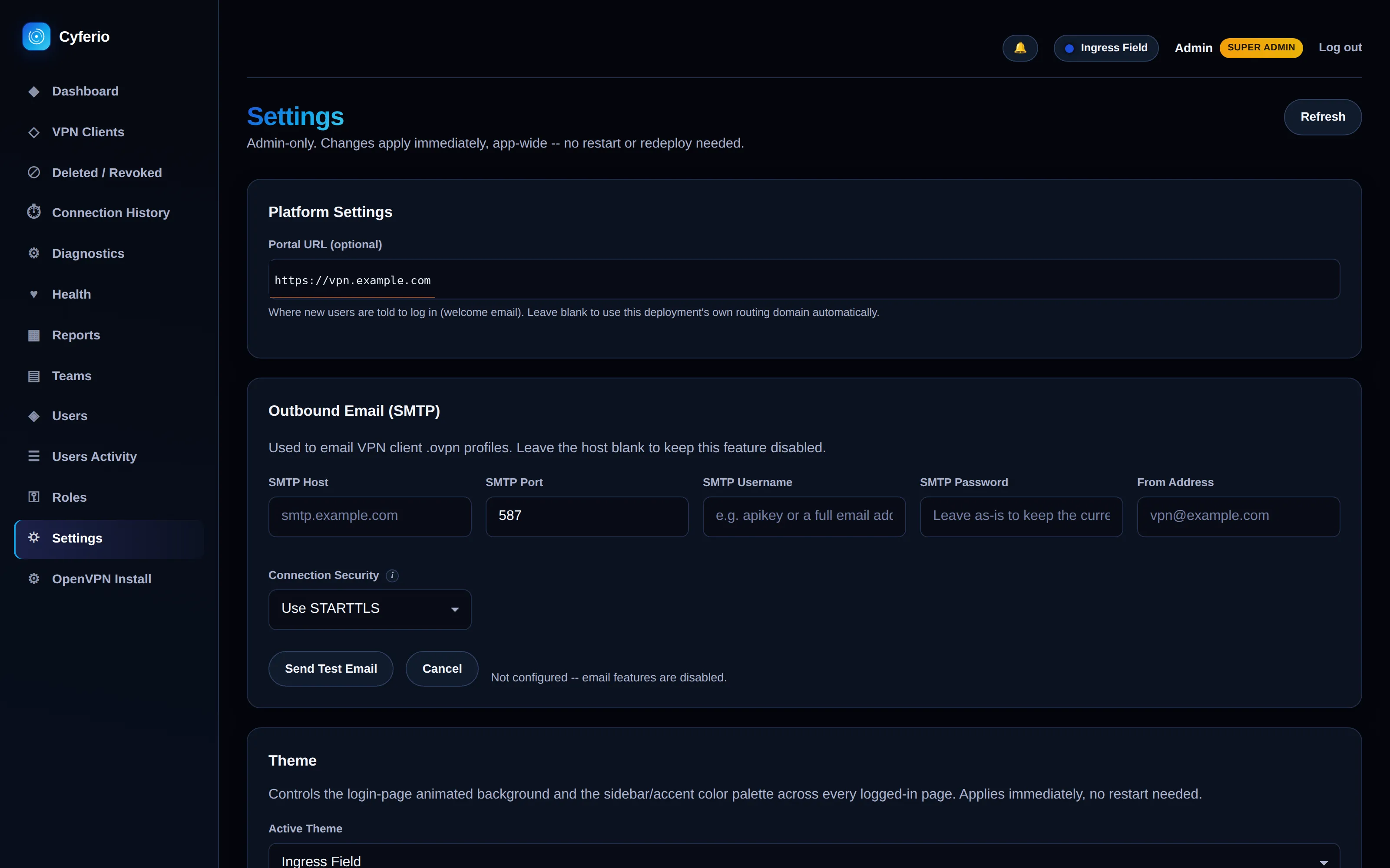 Settings page: Platform Settings and Outbound Email cards