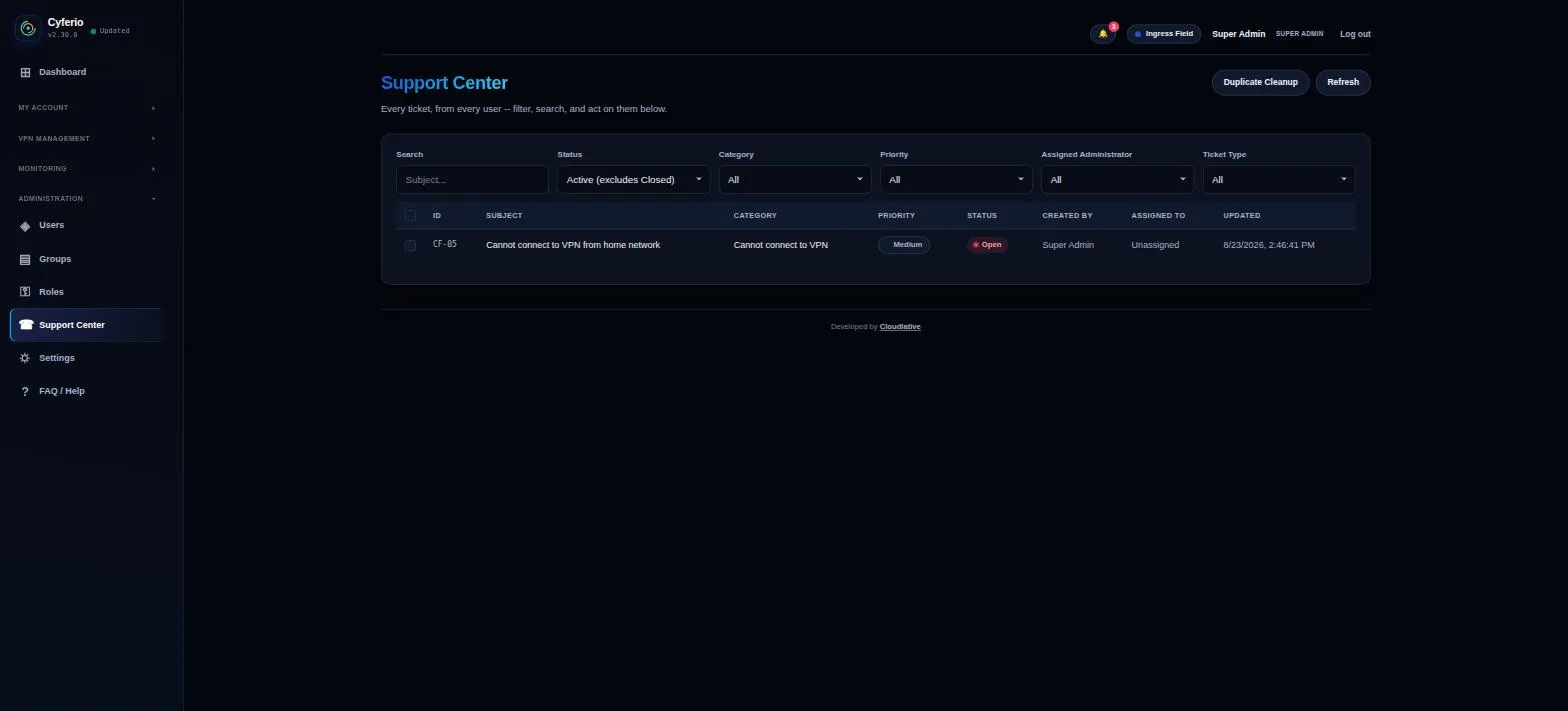 Support Center ticket queue showing one open ticket