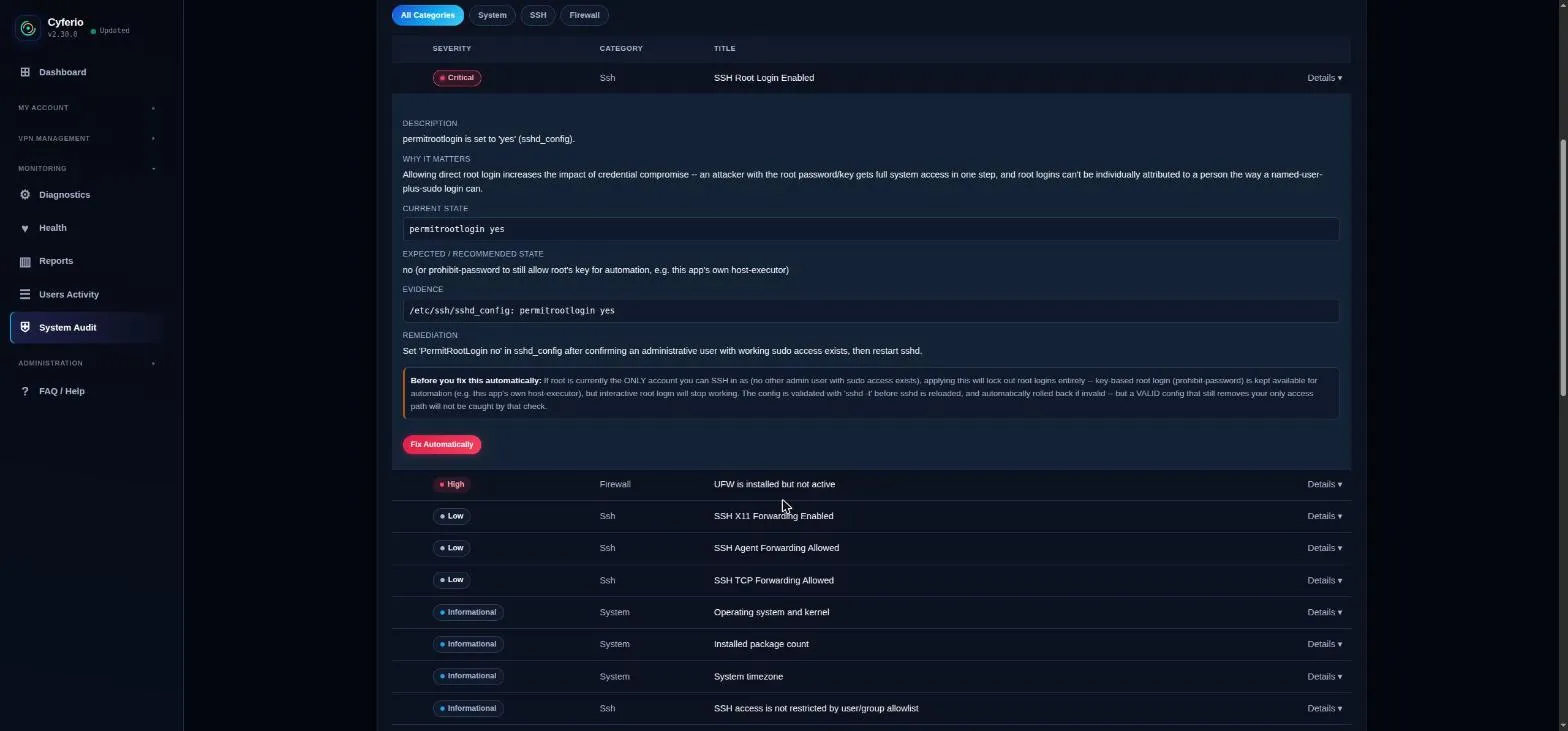 Fix Automatically button and its pre-fix safety warning for an SSH finding
