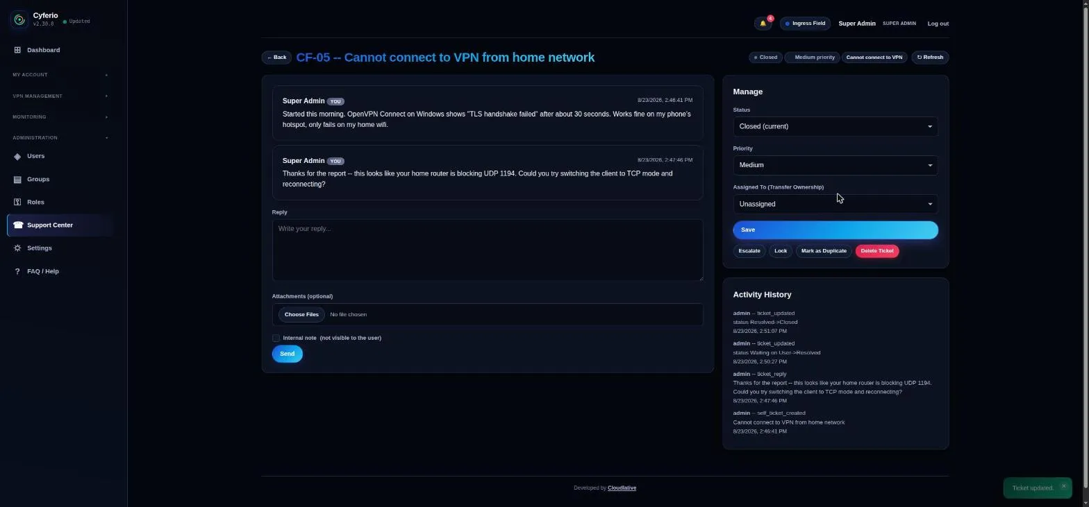 Ticket activity history showing the full lifecycle: created, replied to, Resolved, then Closed